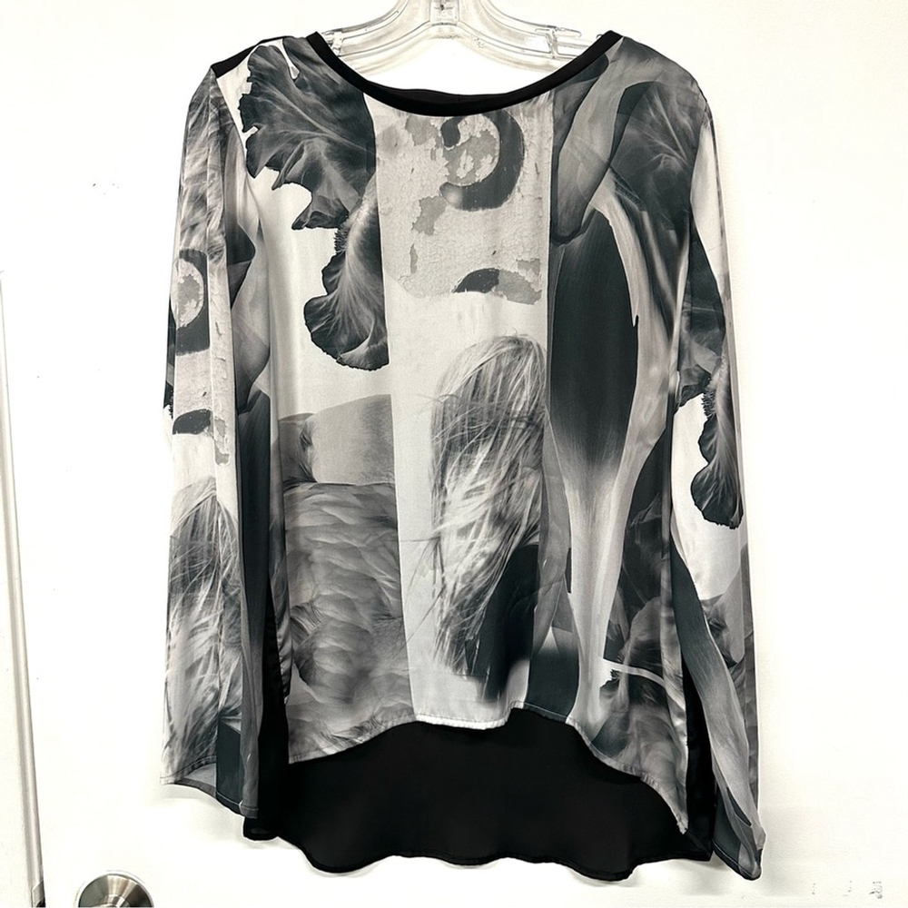 Linea Domani monochrome long sleeve print top Womens Size 14 Flowy hi lo hem